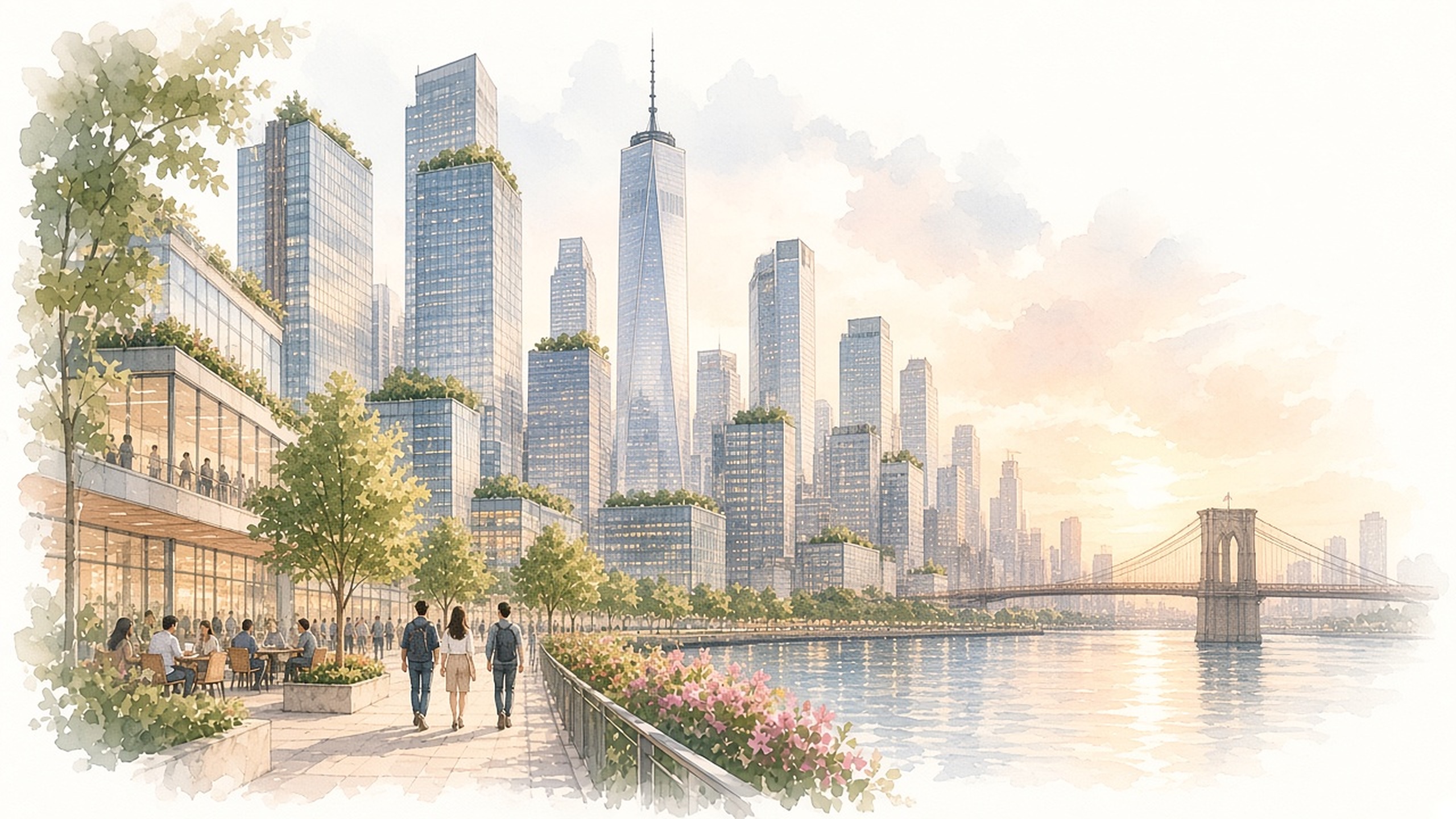 Watercolour of a city skyline and waterfront at sunset, the LightBeam scene