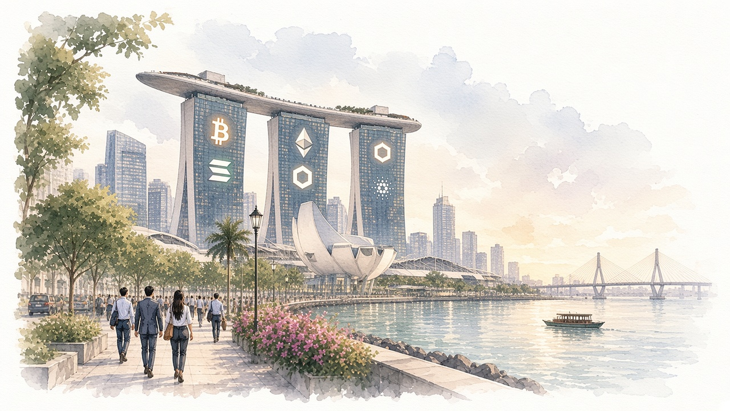 Watercolour of a waterfront skyline with digital-asset logos on the towers, the Propine scene